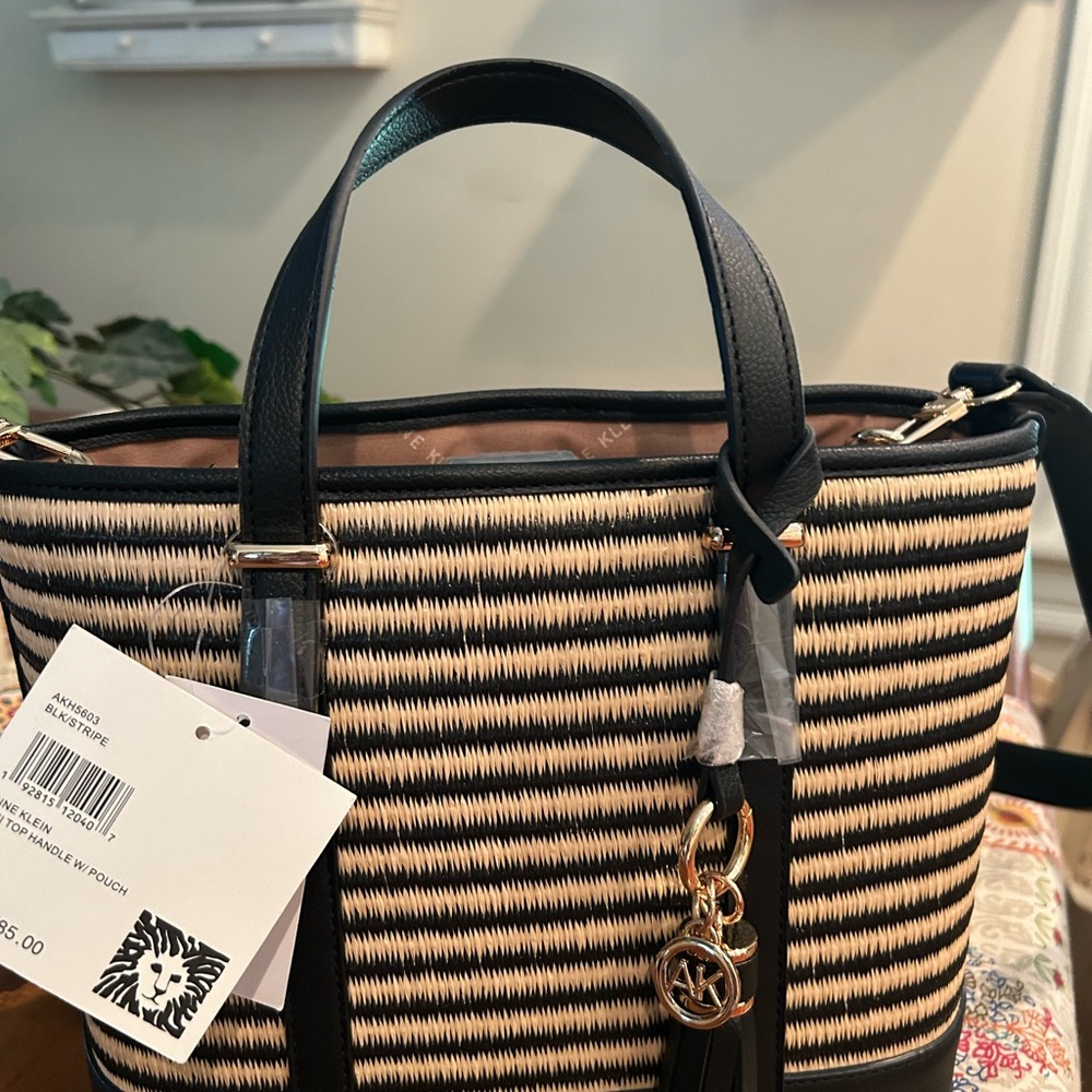 Anne Klein Black and Tan Striped Tote Bag